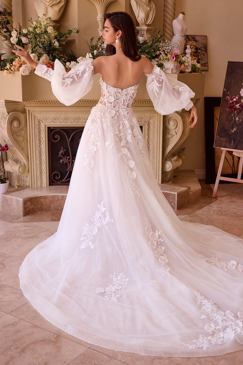 Off-white lace A-line wedding ball gown with lace back and off-shoulder puff sleeves