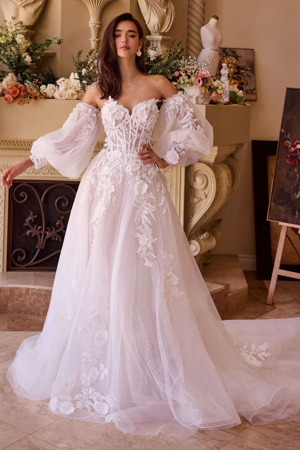 Off-white lace A-line wedding ball gown with off-shoulder puff sleeves