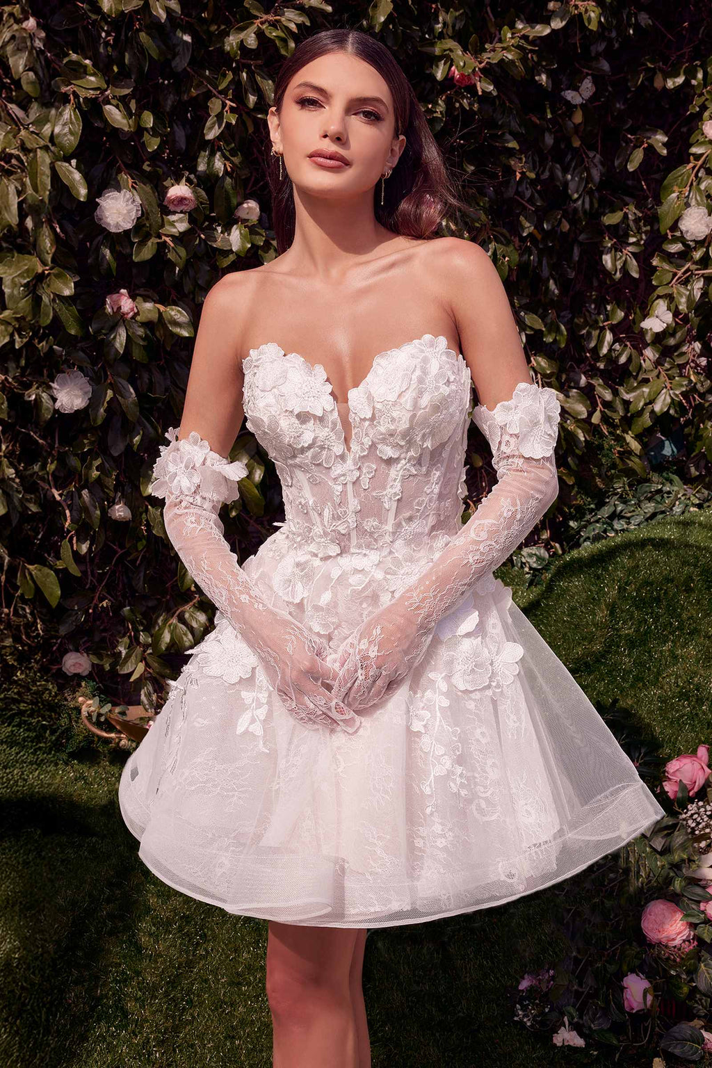 Off-white short corset-style floral appliqued dress with sweetheart neckline and cuffs