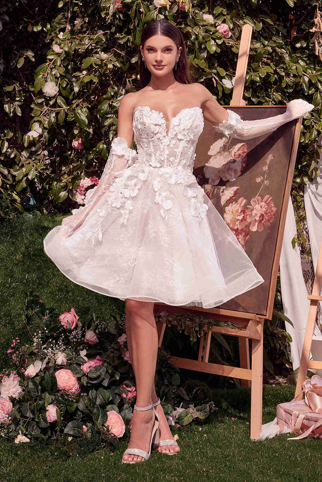 Off-white short floral appliqued dress with sweetheart neckline and long lace gloves
