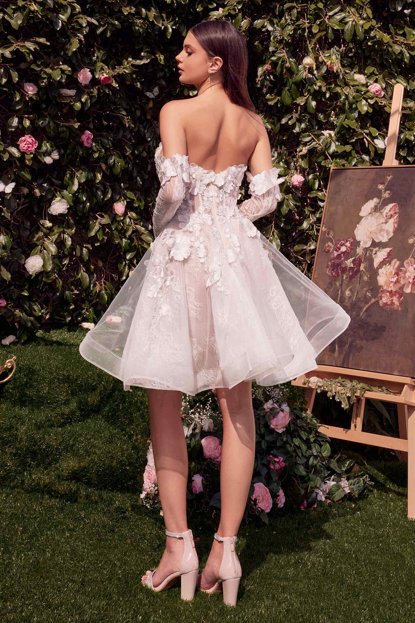 Off-white short floral appliqued dress, open back, sheer tulle skirt and lace gloves