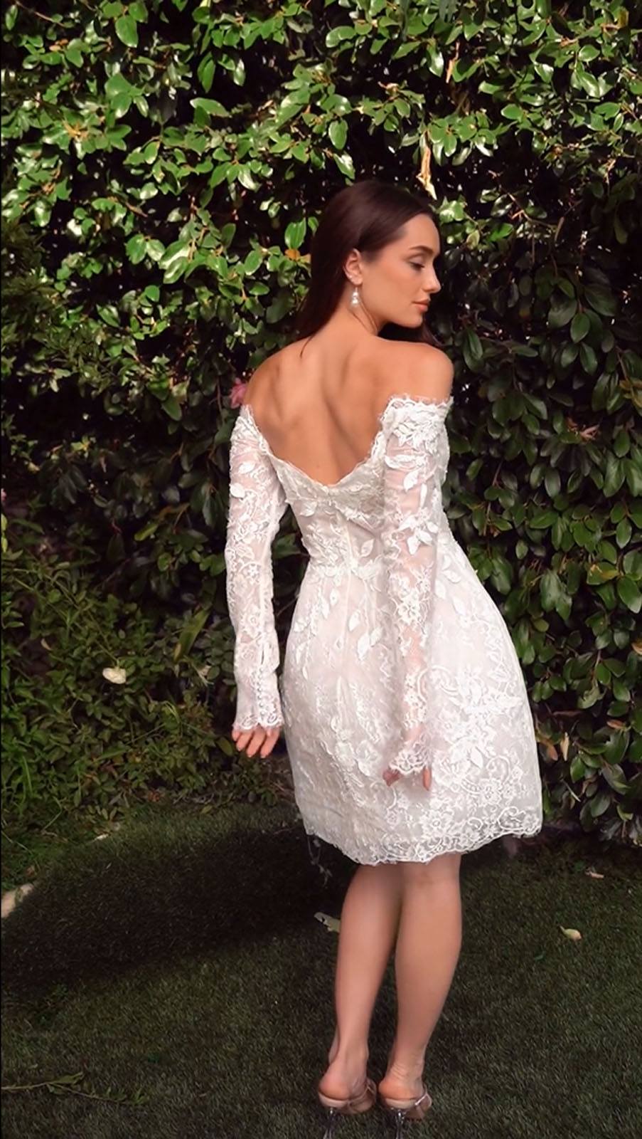 Off-shoulder off-white lace bridal dress, open back, long sleeves
