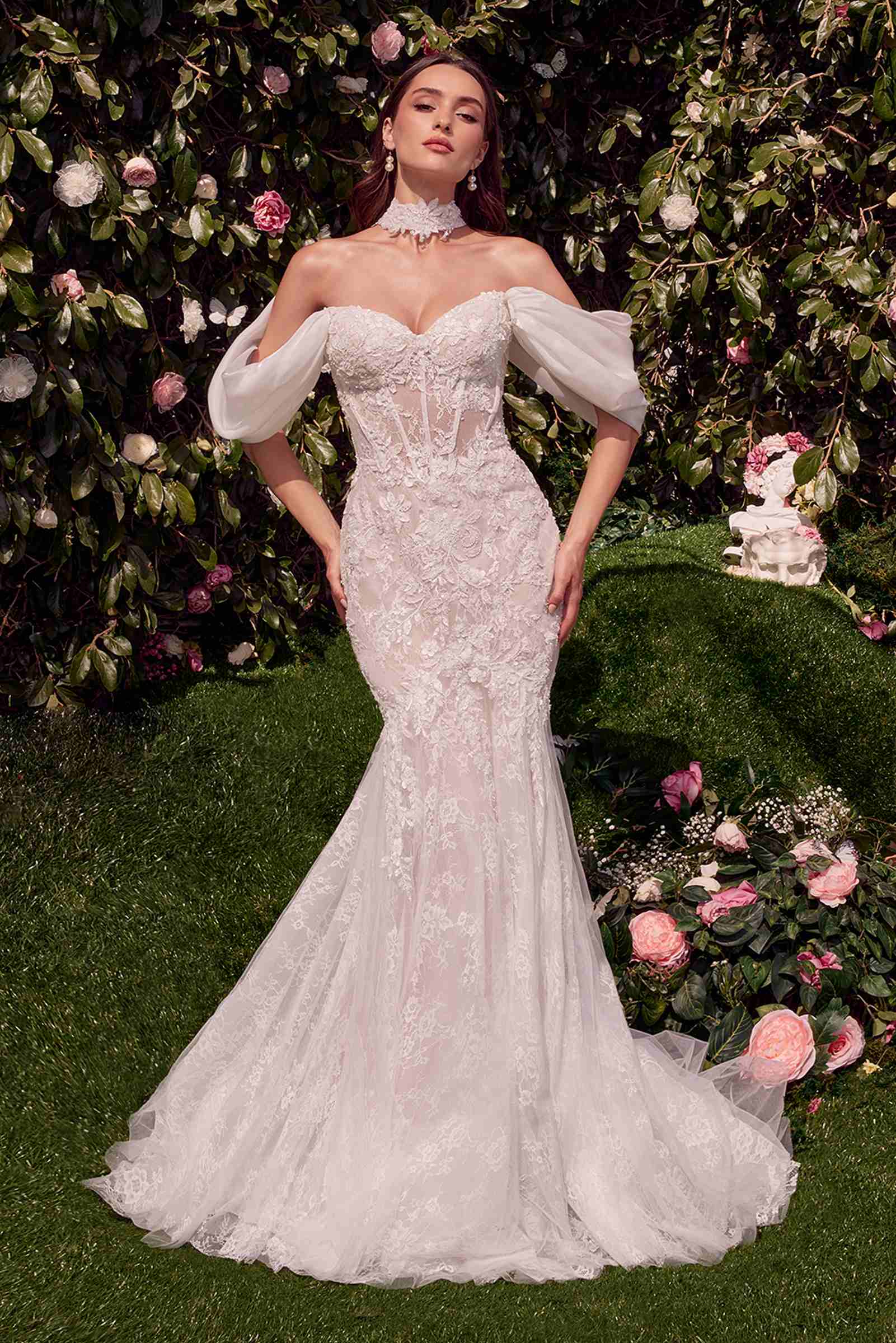 Off-white mermaid wedding dress with lace corset and detachable wing sleeves