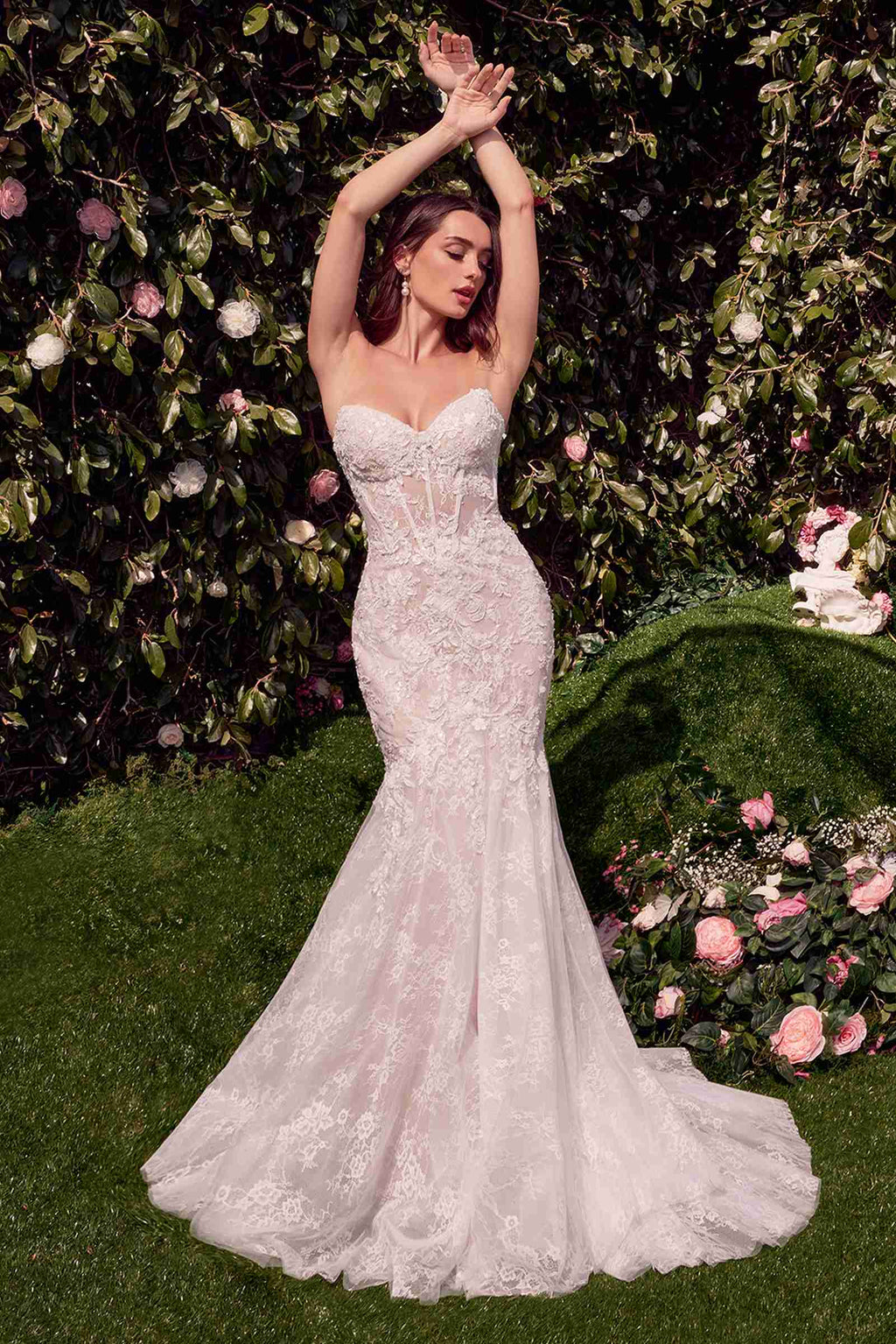 Off-white fitted mermaid wedding gown with off-shoulder lace bodice and long skirt