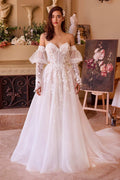 Off-white floral appliqued strapless wedding ball gown with sheer puff sleeves