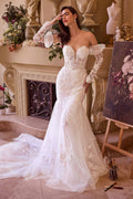Off-white strapless mermaid bridal gown with lace sleeves and floral appliqué