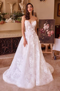 Off-white lace A-line wedding dress with sweetheart neckline and fitted bodice