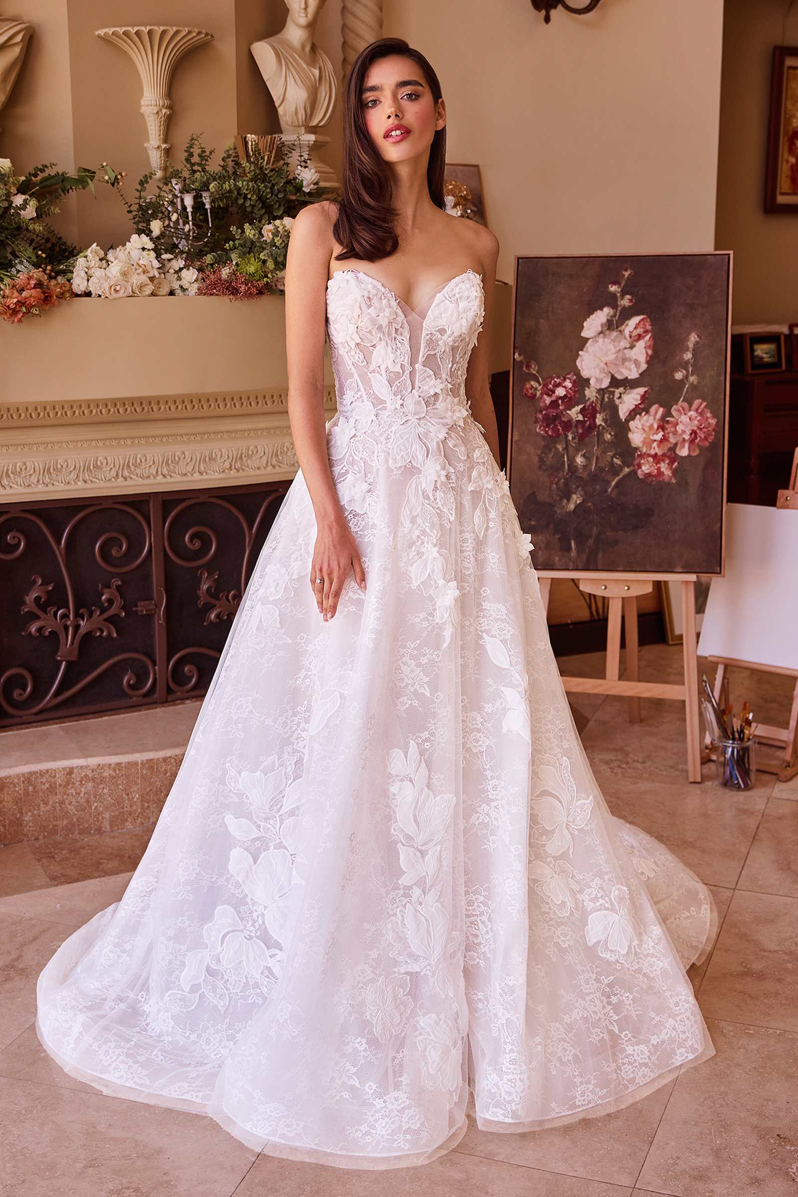 Off-white lace A-line wedding dress with sweetheart neckline and fitted bodice