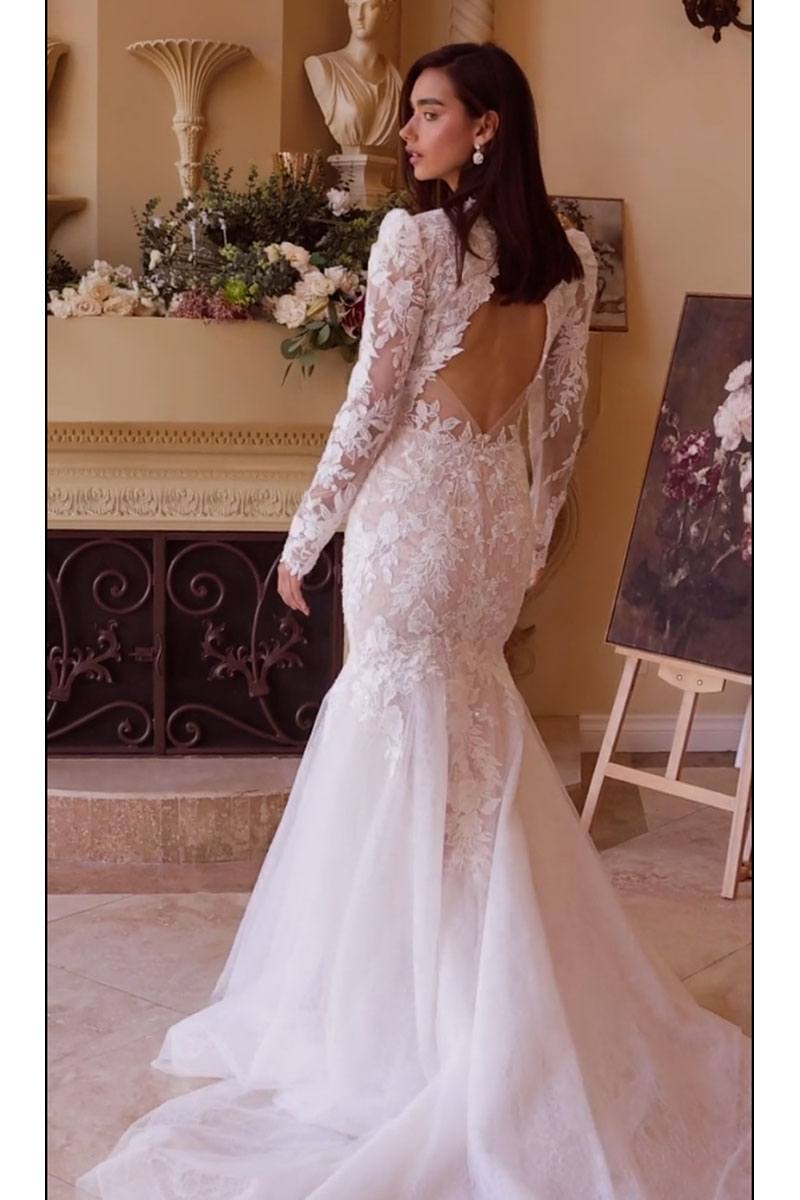 Off-white lace mermaid bridal gown, long sleeves, fitted silhouette