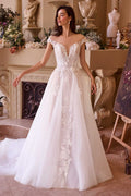 Off-white long lace bridal gown with cap sleeves, fitted bodice, flowing tulle skirt