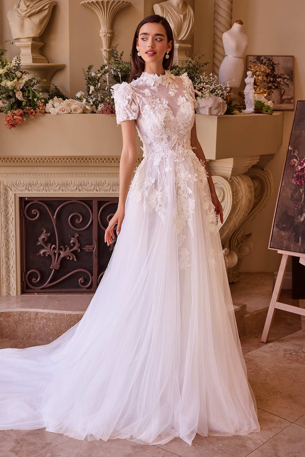 Off-white lace wedding dress with embroidered short sleeves and full tulle skirt