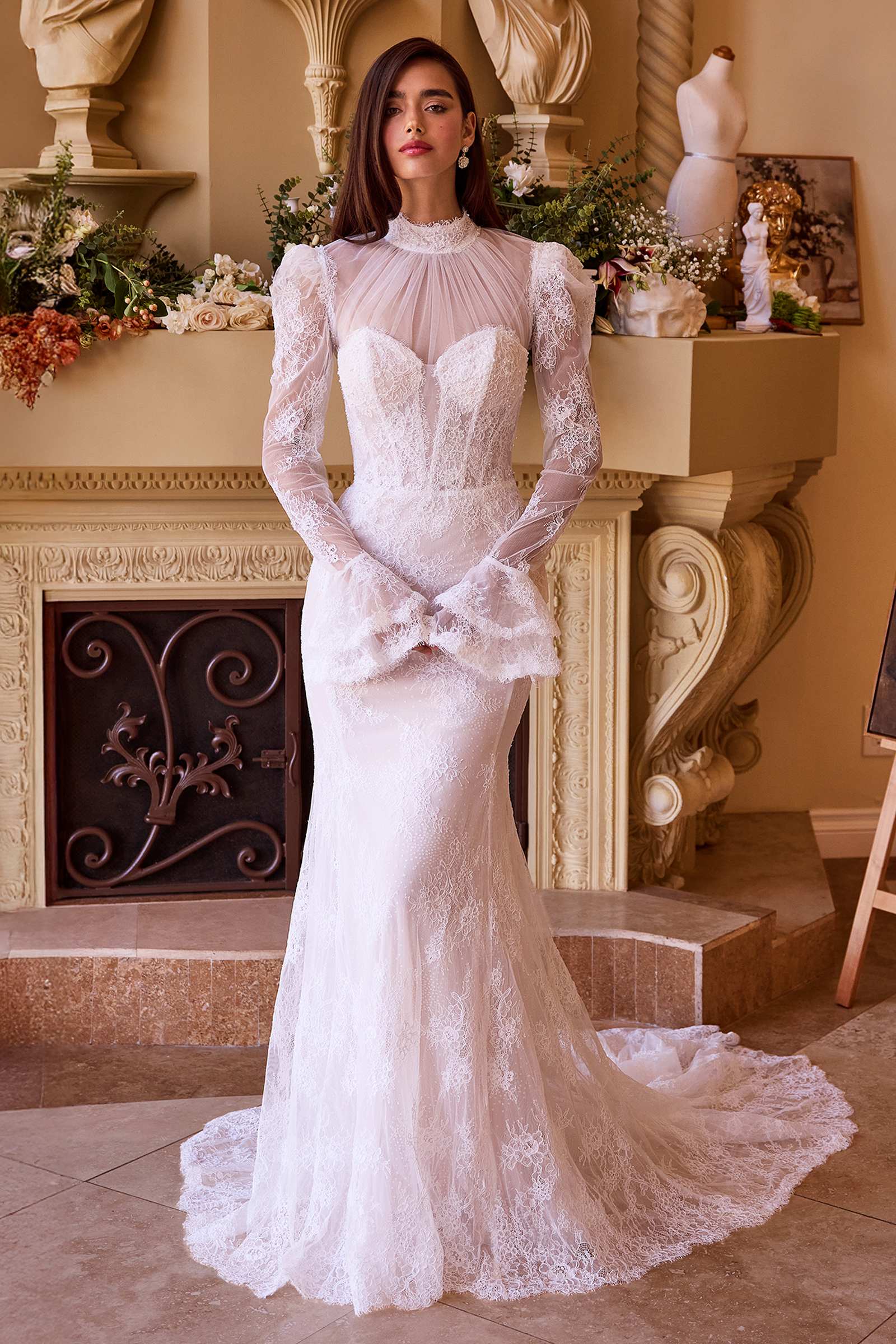Fitted lace bridal dress in off-white with long sleeves and high neckline