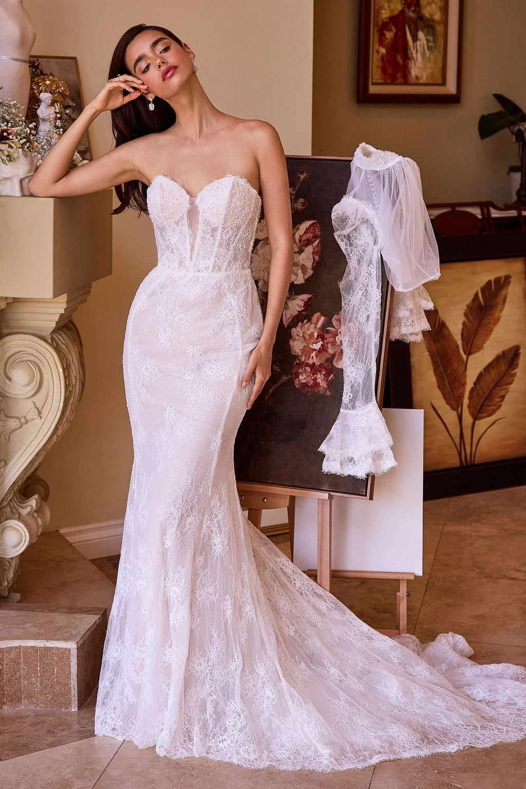 Strapless lace bridal gown in off-white with sweetheart neckline and mermaid skirt