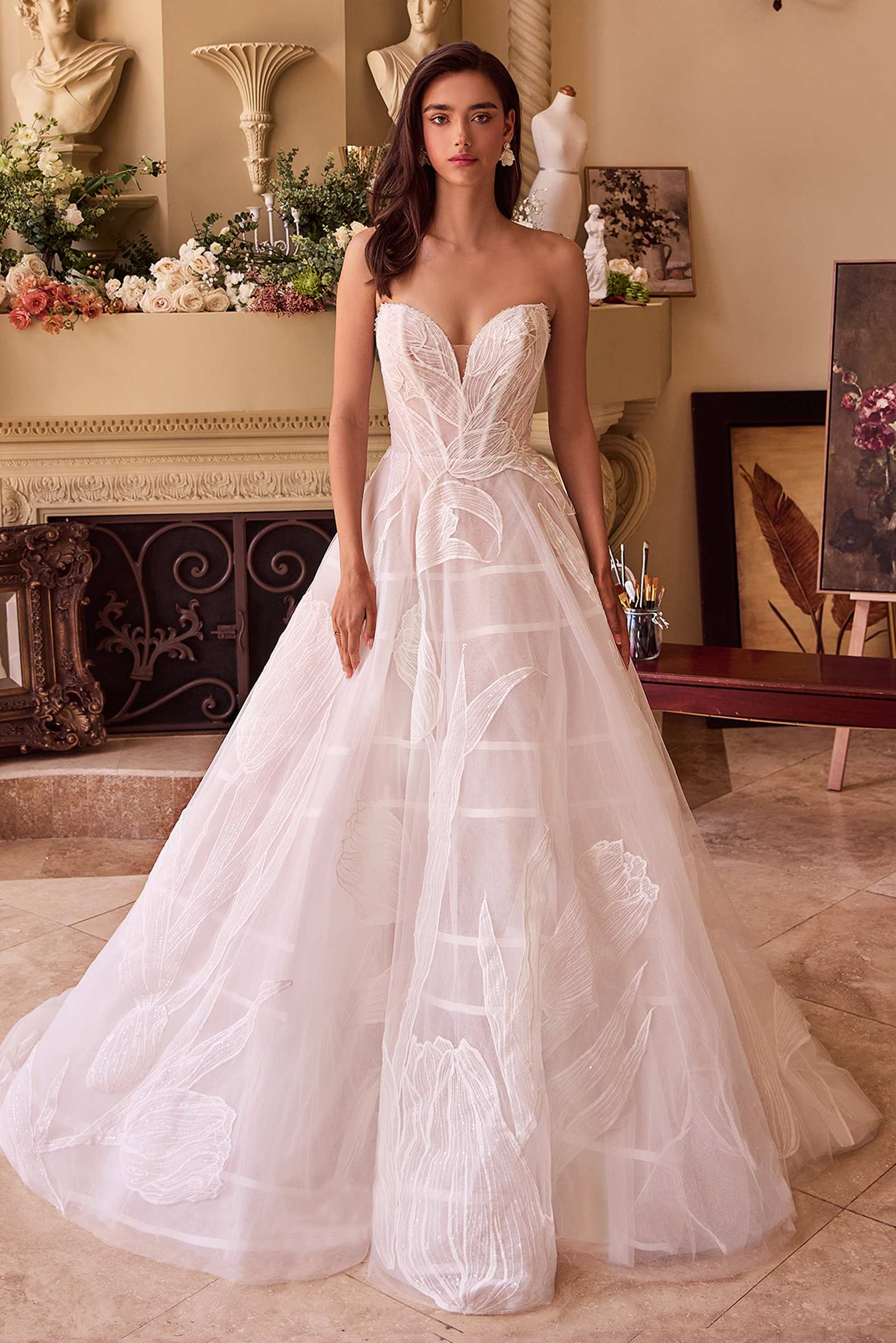 Off-white tulle ball gown with sweetheart corset bodice and embroidered sequin detail