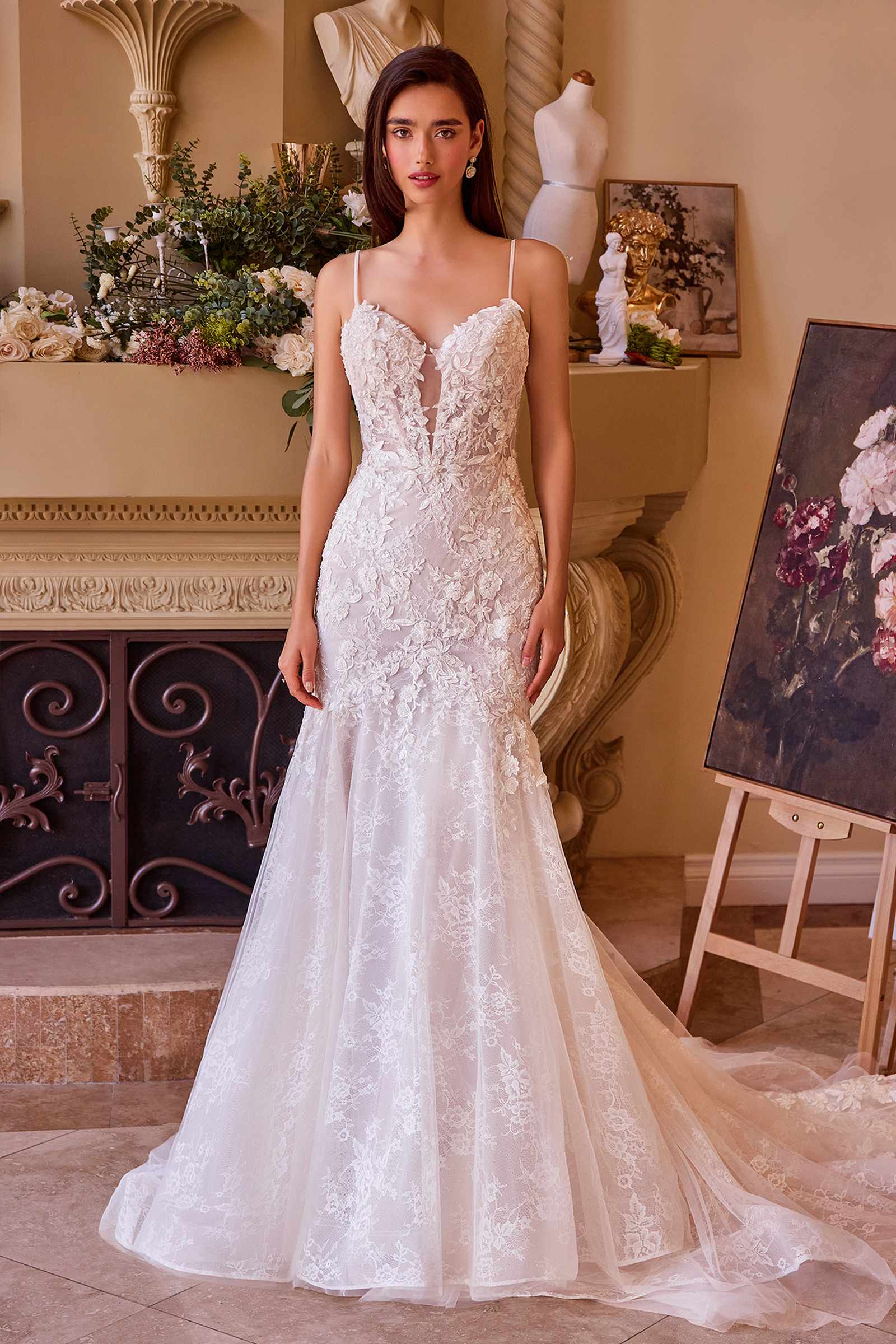 Off-white fitted lace wedding mermaid gown with corset bodice and flared lace hem