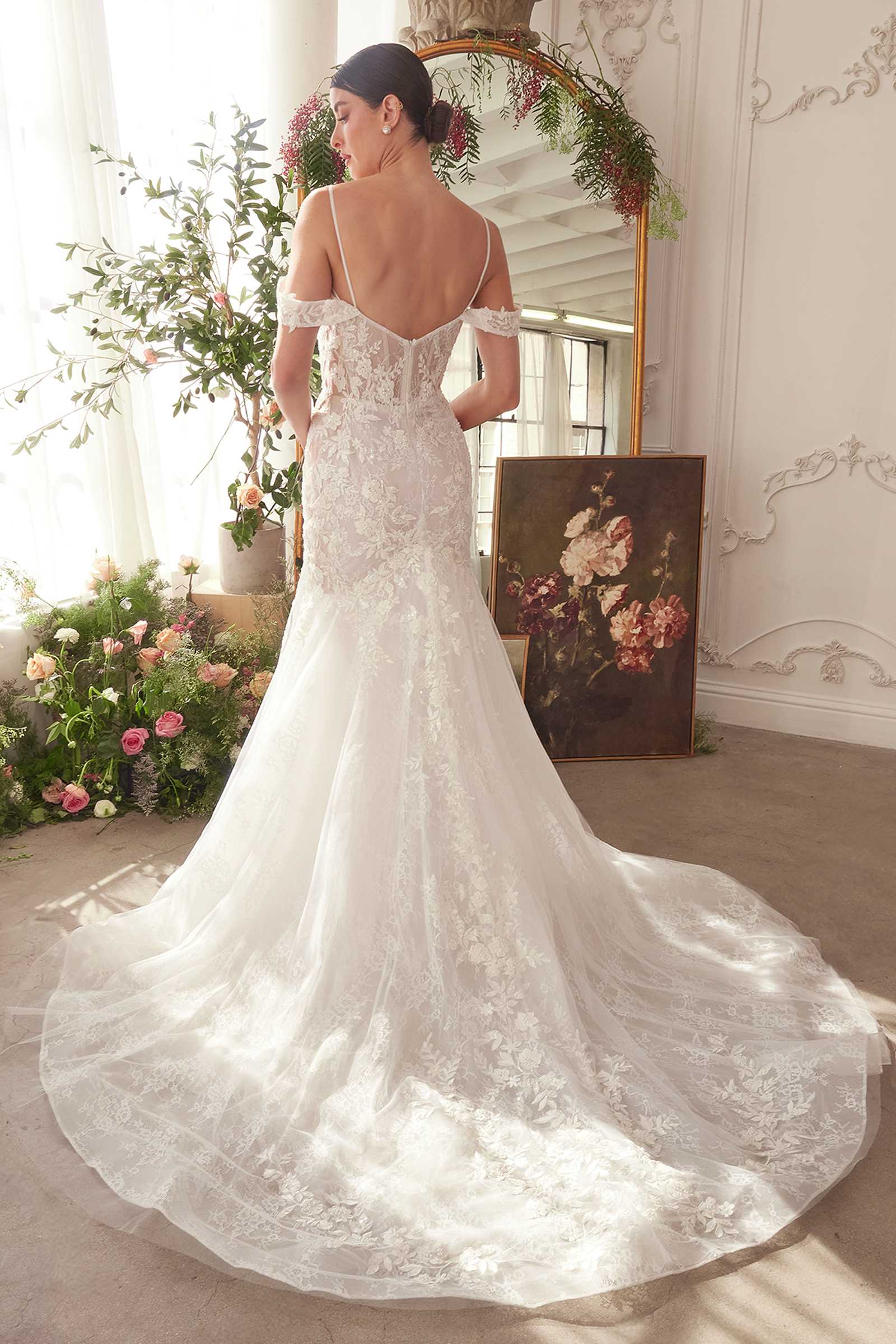 Off-white fitted lace wedding mermaid gown with lace back and thin spaghetti straps