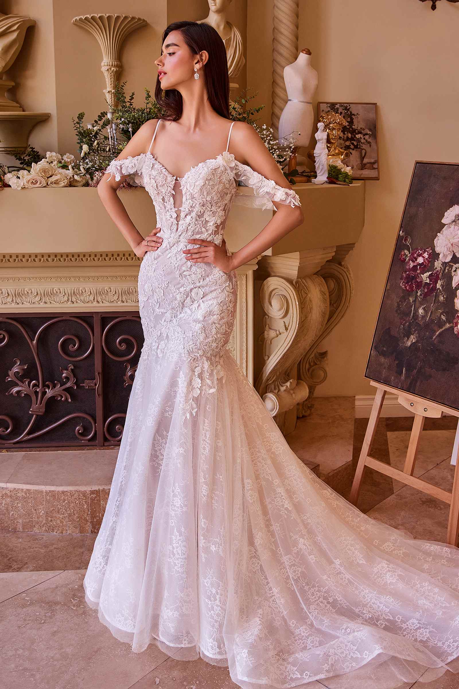 Off-white fitted lace wedding mermaid gown with off-shoulder lace sleeves and long train