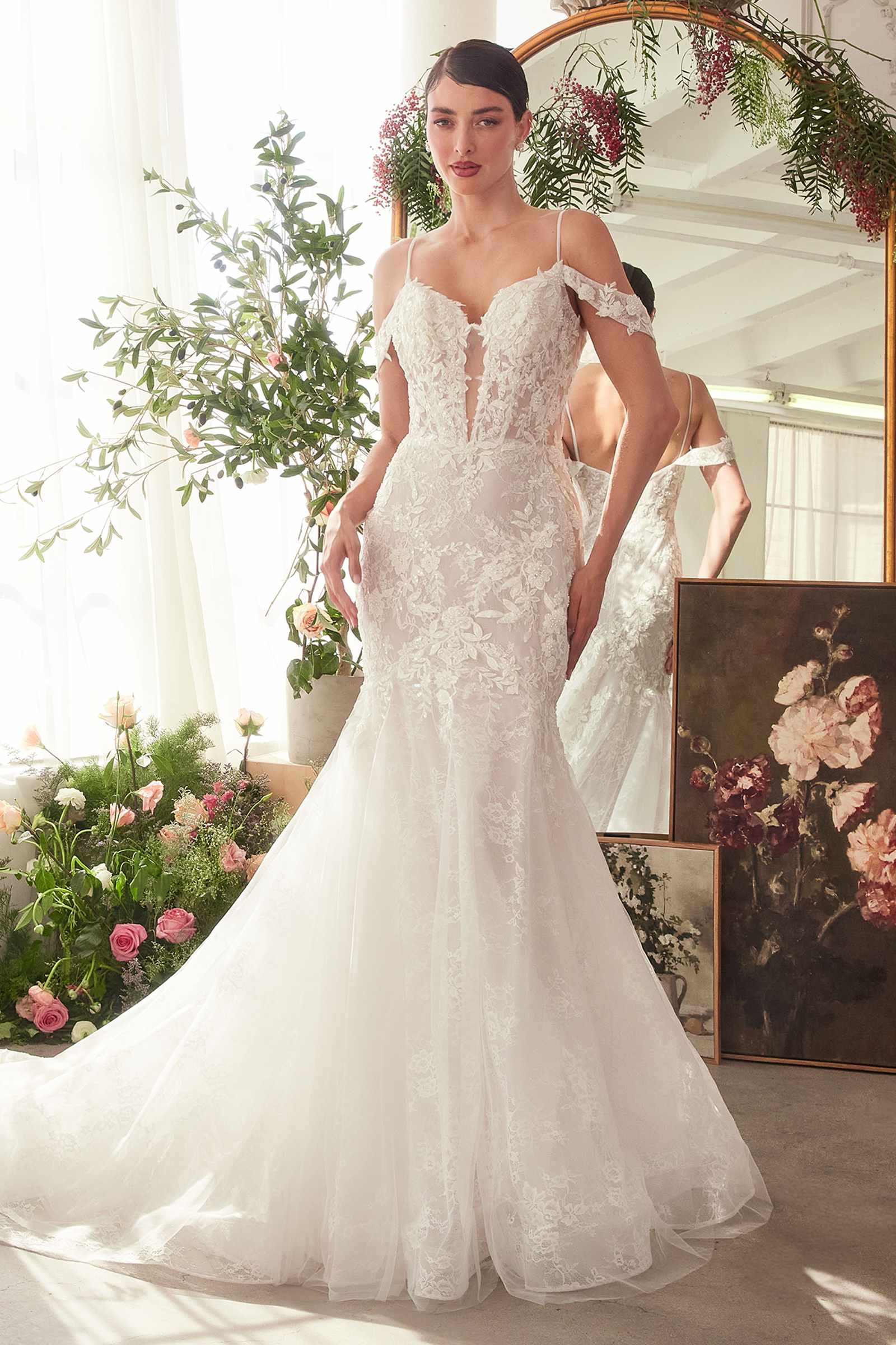 Off-white fitted lace wedding mermaid gown with sweetheart neckline and thin straps