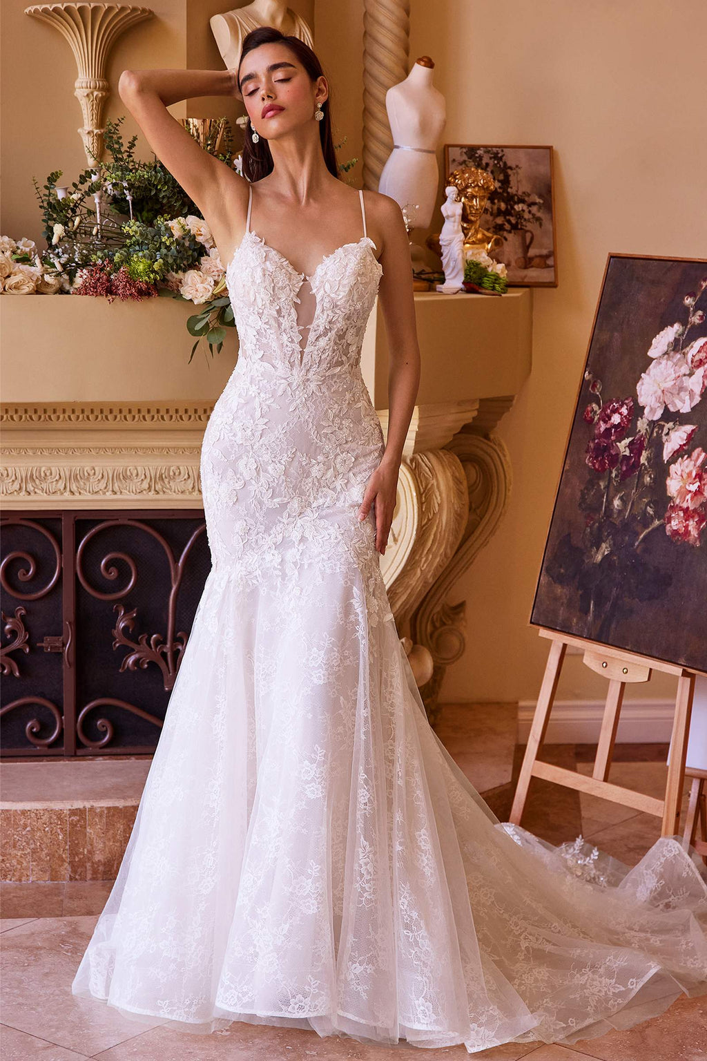 Off-white fitted lace wedding mermaid gown with spaghetti straps and scalloped lace finish
