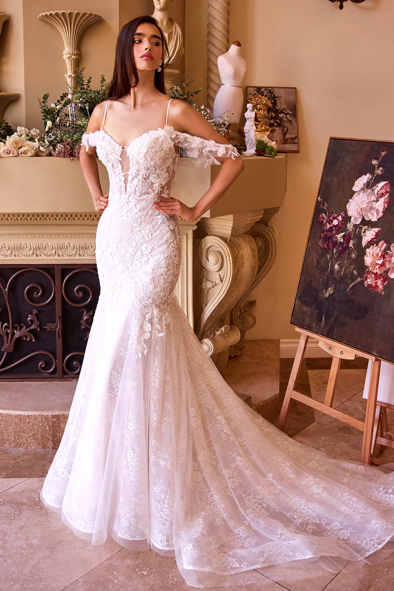 Off-white fitted lace wedding mermaid gown with sweetheart neckline and lace shoulder straps