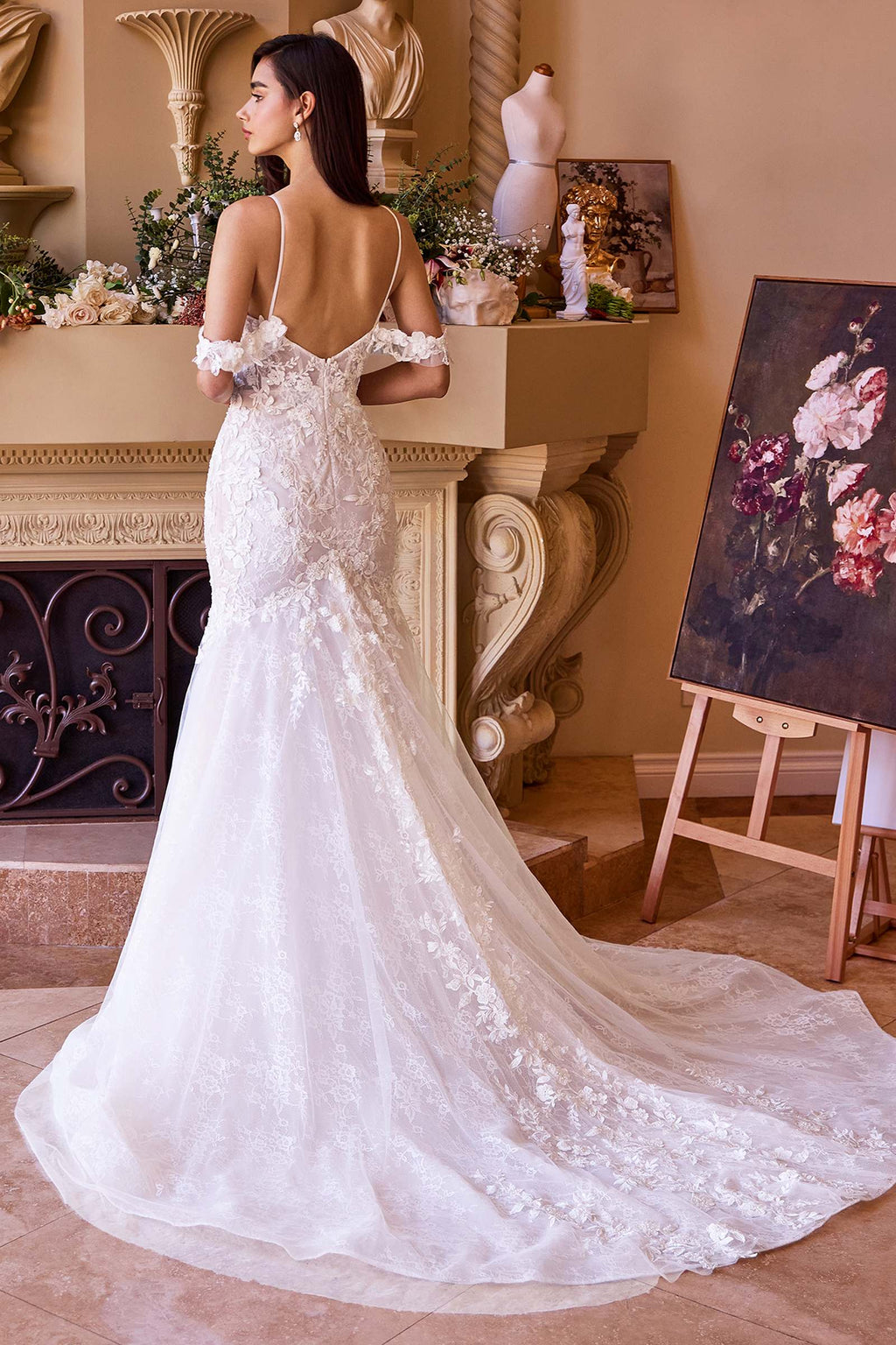 Off-white fitted lace wedding mermaid gown with open-back lace and long sweeping train