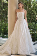 Off-white strapless lace A-line wedding gown with sweetheart bodice and textured skirt