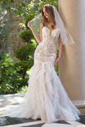 Strapless lace wedding gown with fit-and-flare silhouette and matching veil