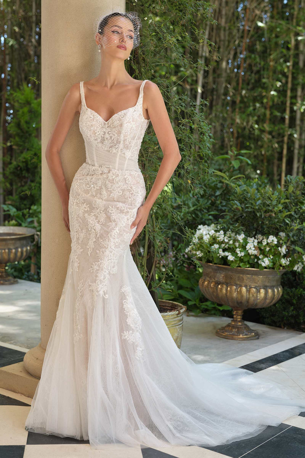 Off-white lace mermaid dress with sweetheart neckline, fitted bodice, thin straps