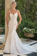 Off-white lace mermaid dress with sweetheart neckline, fitted bodice, thin straps