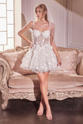 Off-white mini wedding dress with spaghetti straps and beaded floral lace appliques