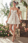 Off-white strapless mini A-line dress with floral applique on fitted bodice