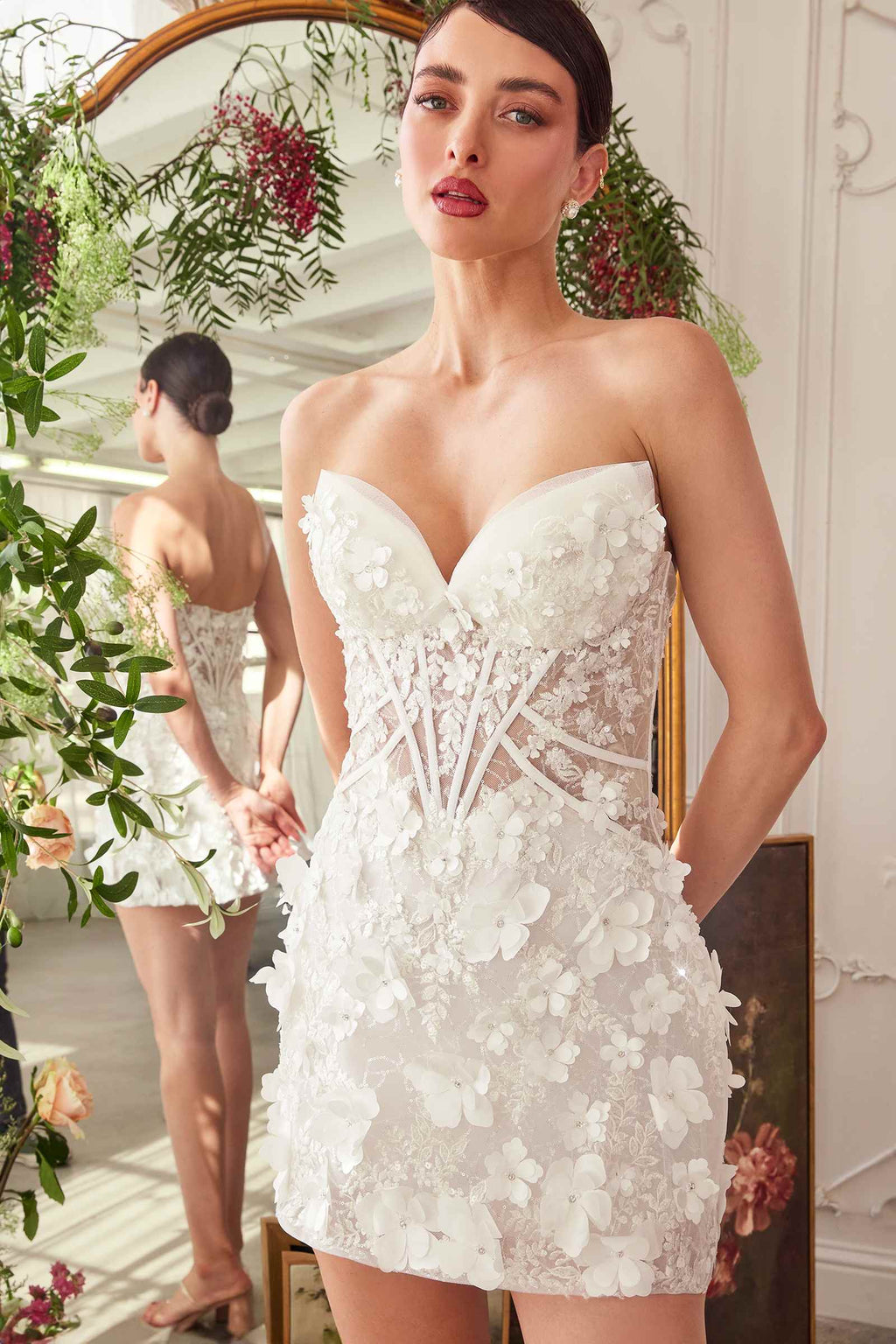 Off-white strapless sweetheart lace short bridal dress with floral appliqué skirt overlay