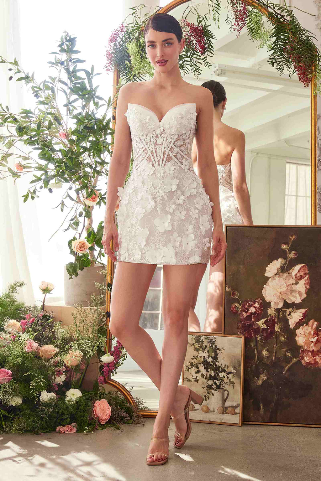 Off-white strapless sweetheart lace short bridal dress with floral appliqué bodice