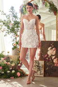 Off-white strapless sweetheart lace short bridal dress with floral appliqué bodice