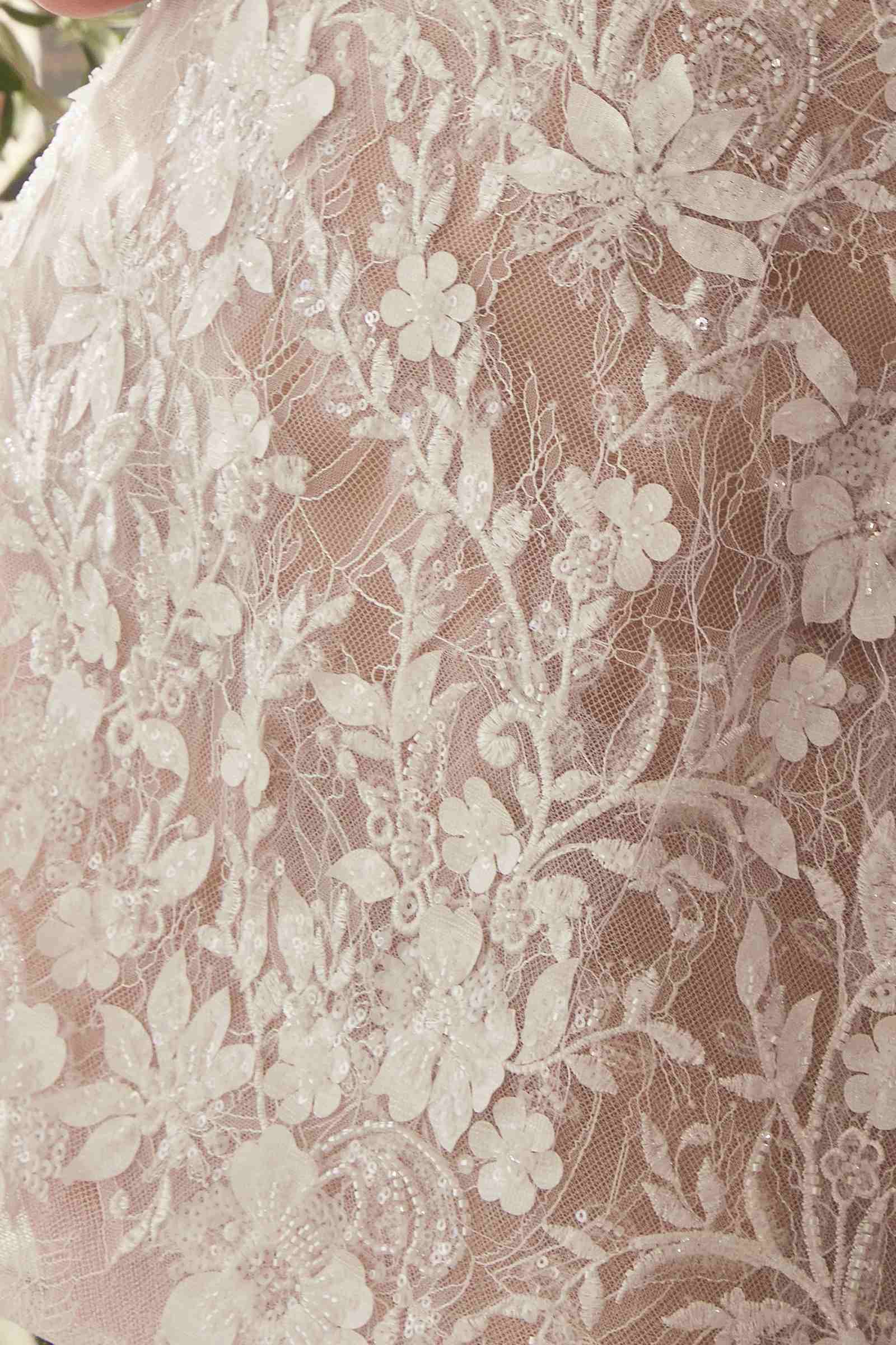 Off-white floral lace appliques on sheer mesh fabric