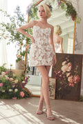Strapless lace floral bridal mini dress with scalloped appliqué overlay, off-white