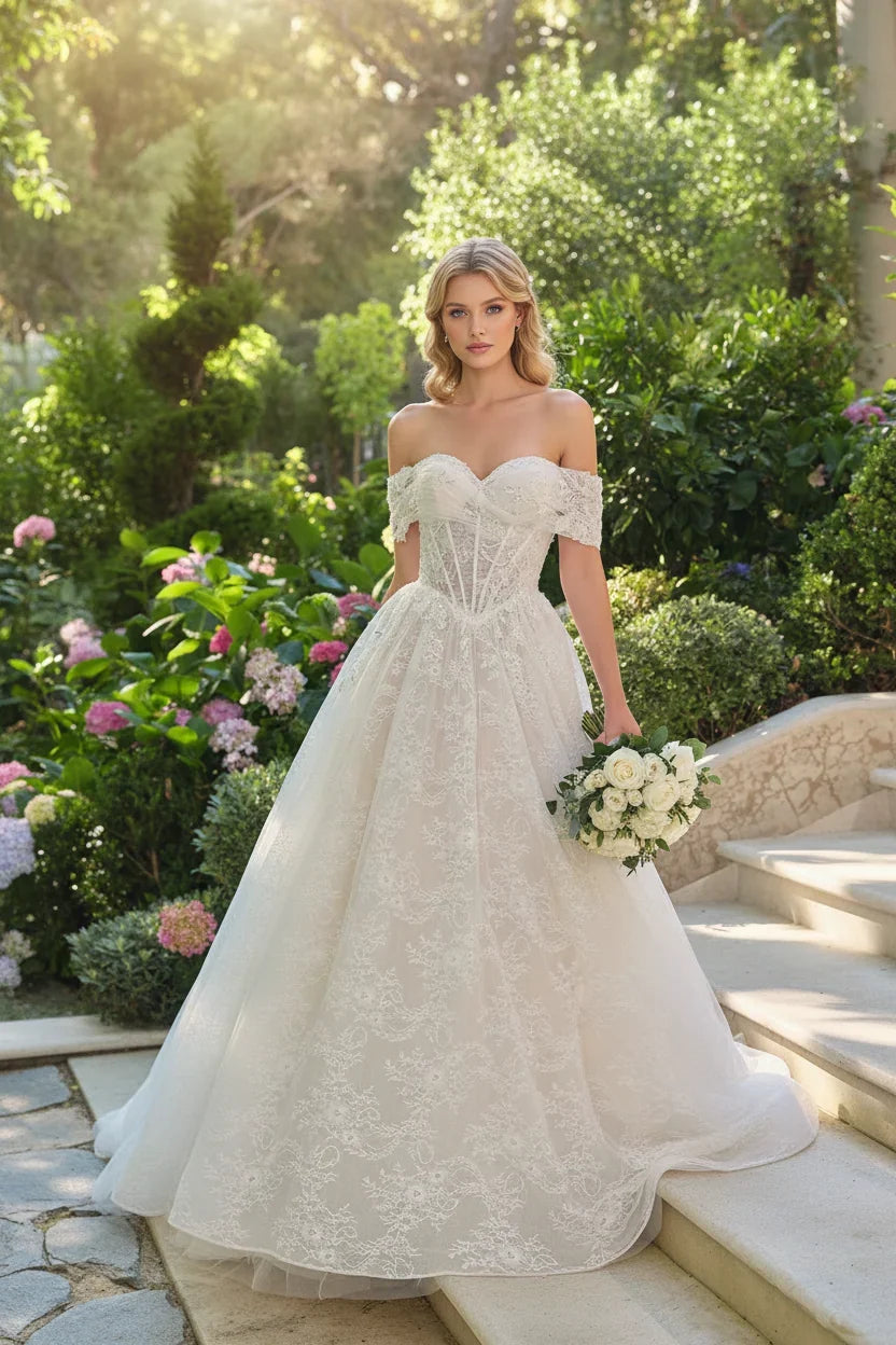 Off-shoulder embroidered lace tulle wedding ball gown with corset bodice and full skirt