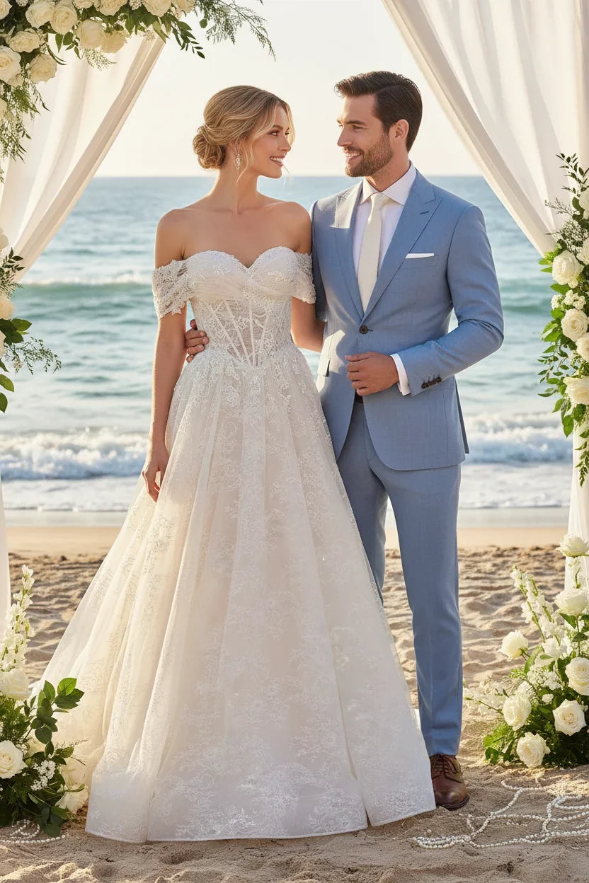 Off-shoulder embroidered lace tulle wedding ball gown, scalloped bodice detail and flowing skirt