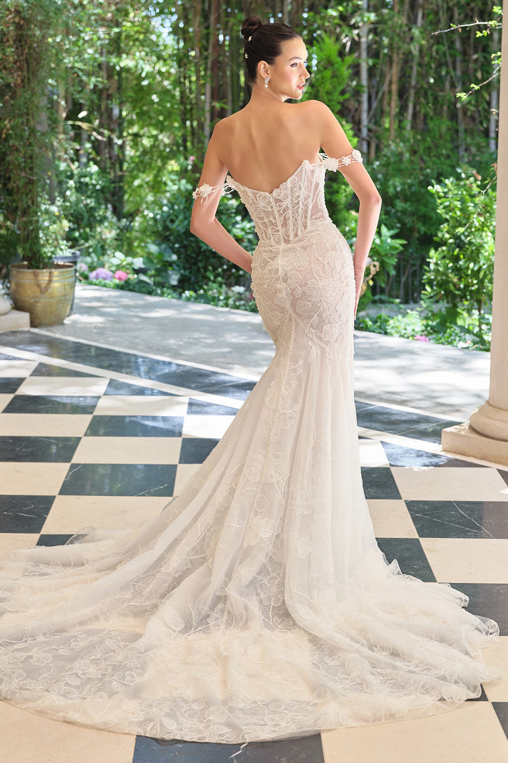 Off-shoulder off-white lace fitted wedding gown with mermaid skirt and front slit