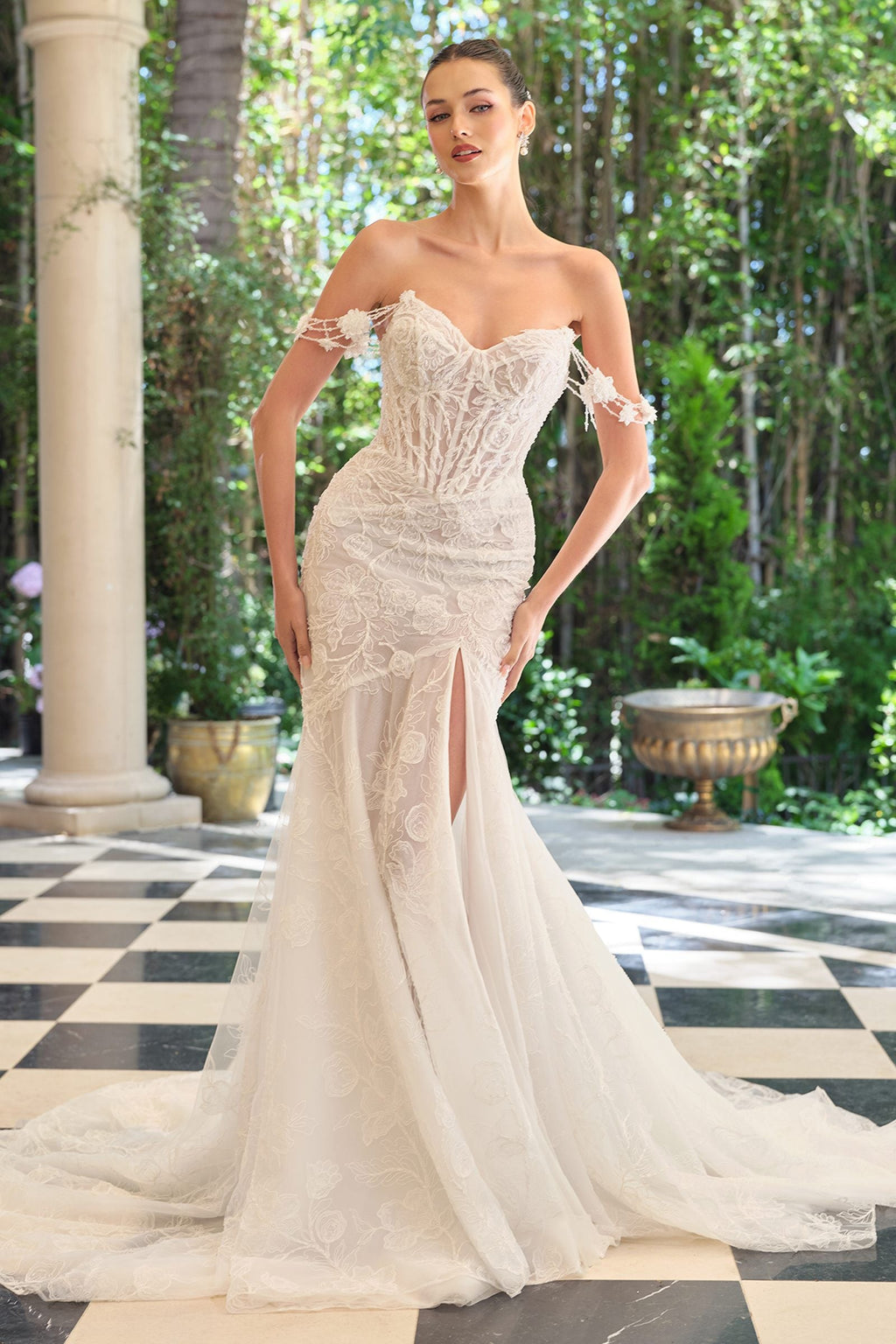 Off-shoulder off-white lace fitted wedding gown with sweetheart neckline and front slit