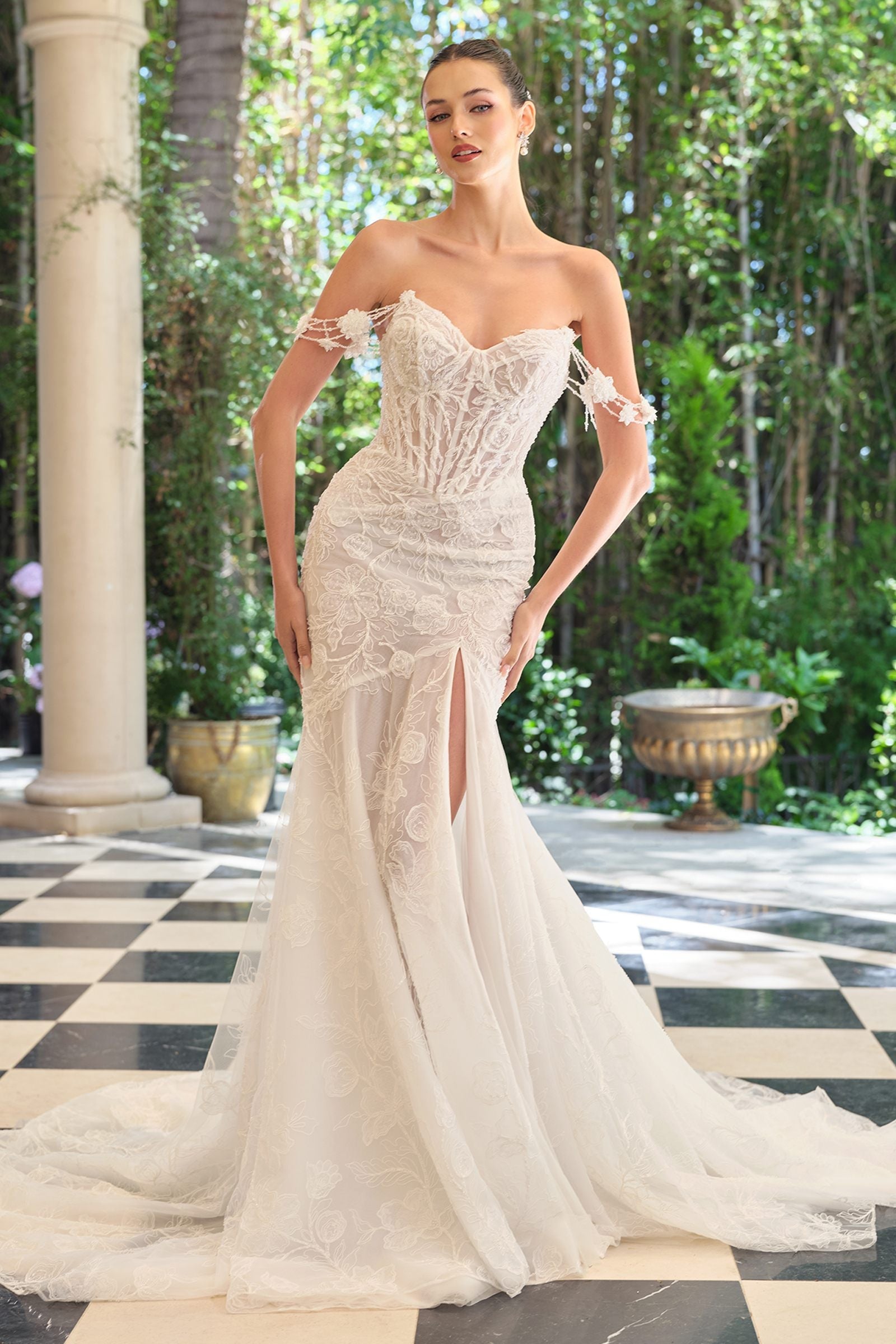 Off-shoulder off-white lace fitted wedding gown with sweetheart neckline and front slit