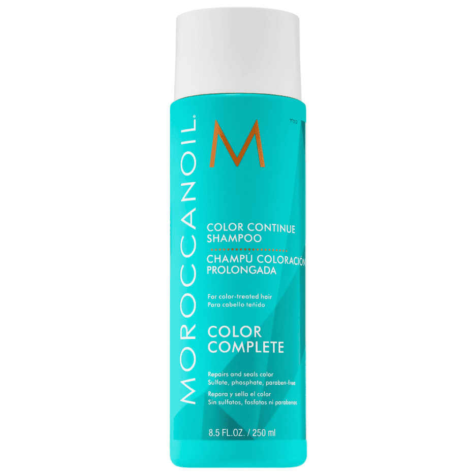 moroccanoil Color Continue shampoo bottle, teal label and white cap, 8.5 fl oz