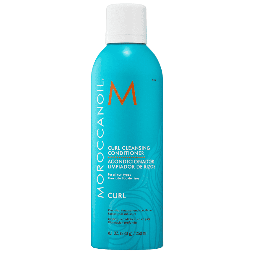moroccanoil Curl cleansing conditioner bottle, turquoise with white cap, 8.3 oz.
