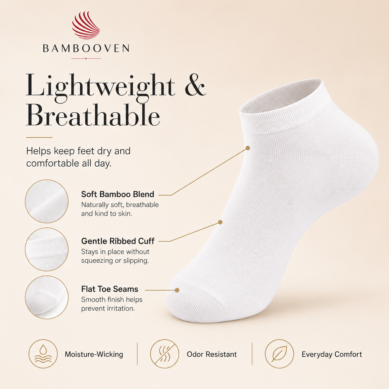 Women’s bamboo ankle socks, low-cut, white, breathable soft bamboo blend