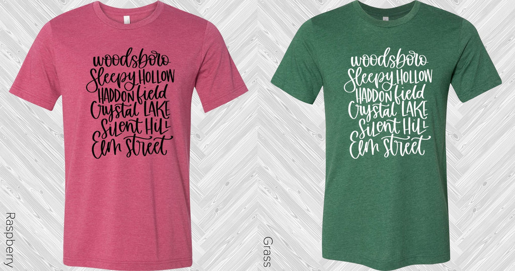 Horror town graphic T-shirts in maroon and green with front text print