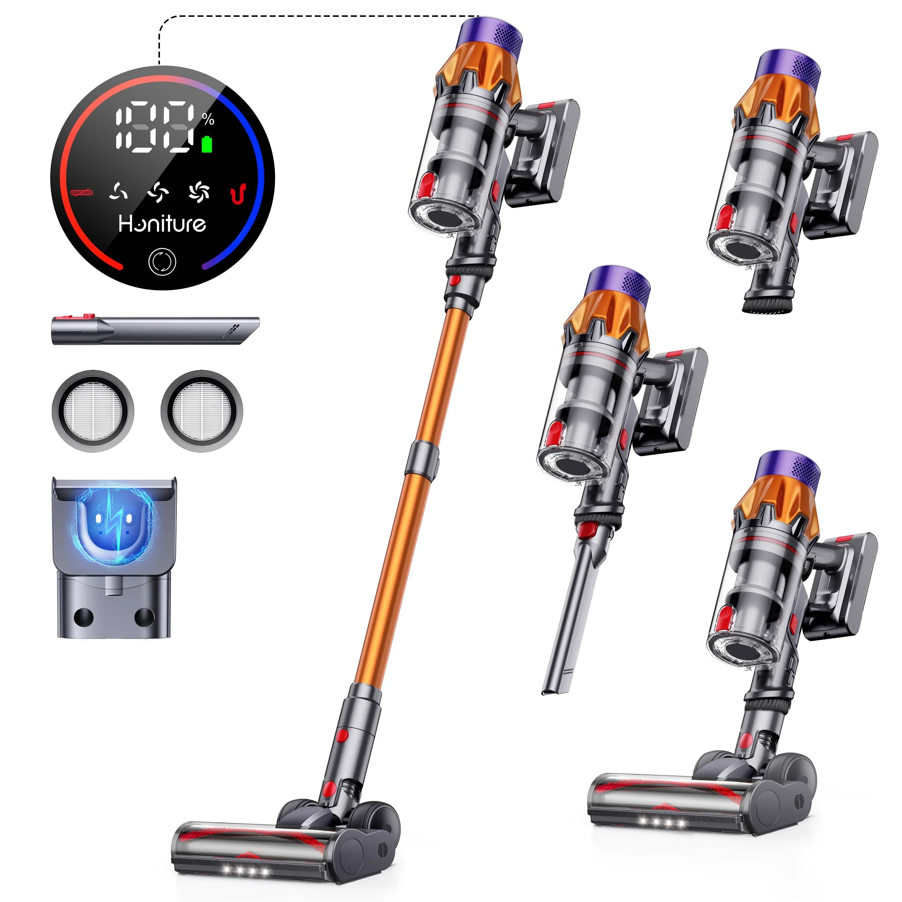 Cordless stick vacuum kit with orange handle, purple canister, and multiple brush heads
