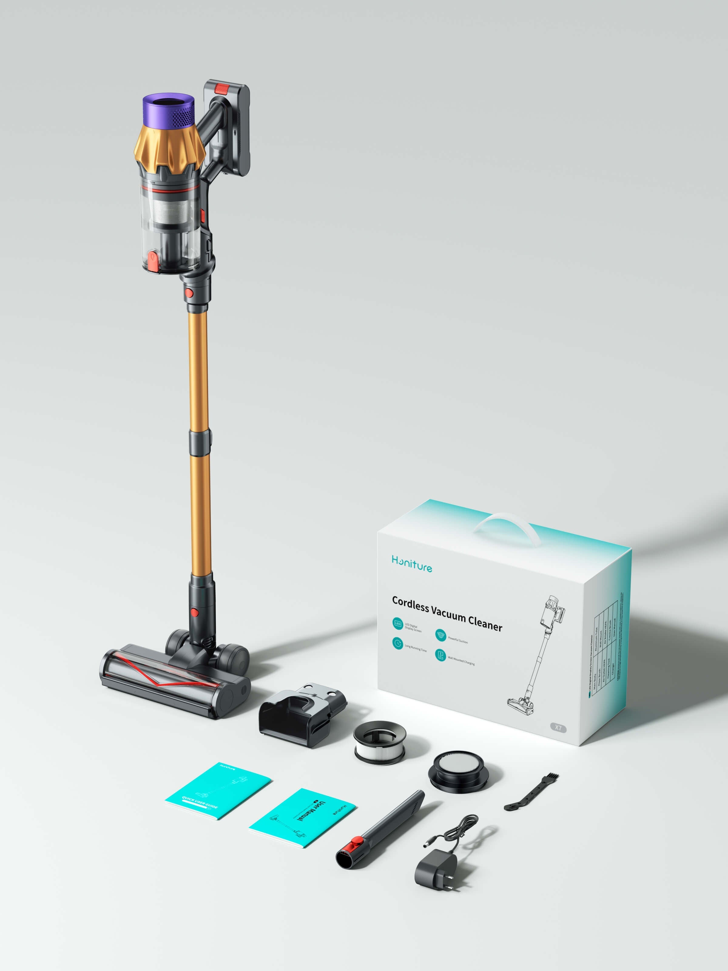Cordless stick vacuum with orange pole and purple canister, boxed kit with tools