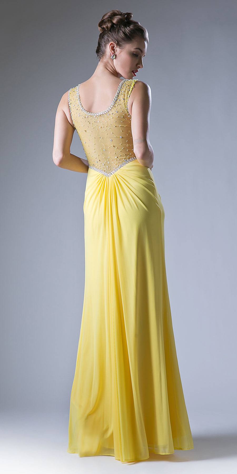 Yellow long dress with beaded illusion back and ruched waist