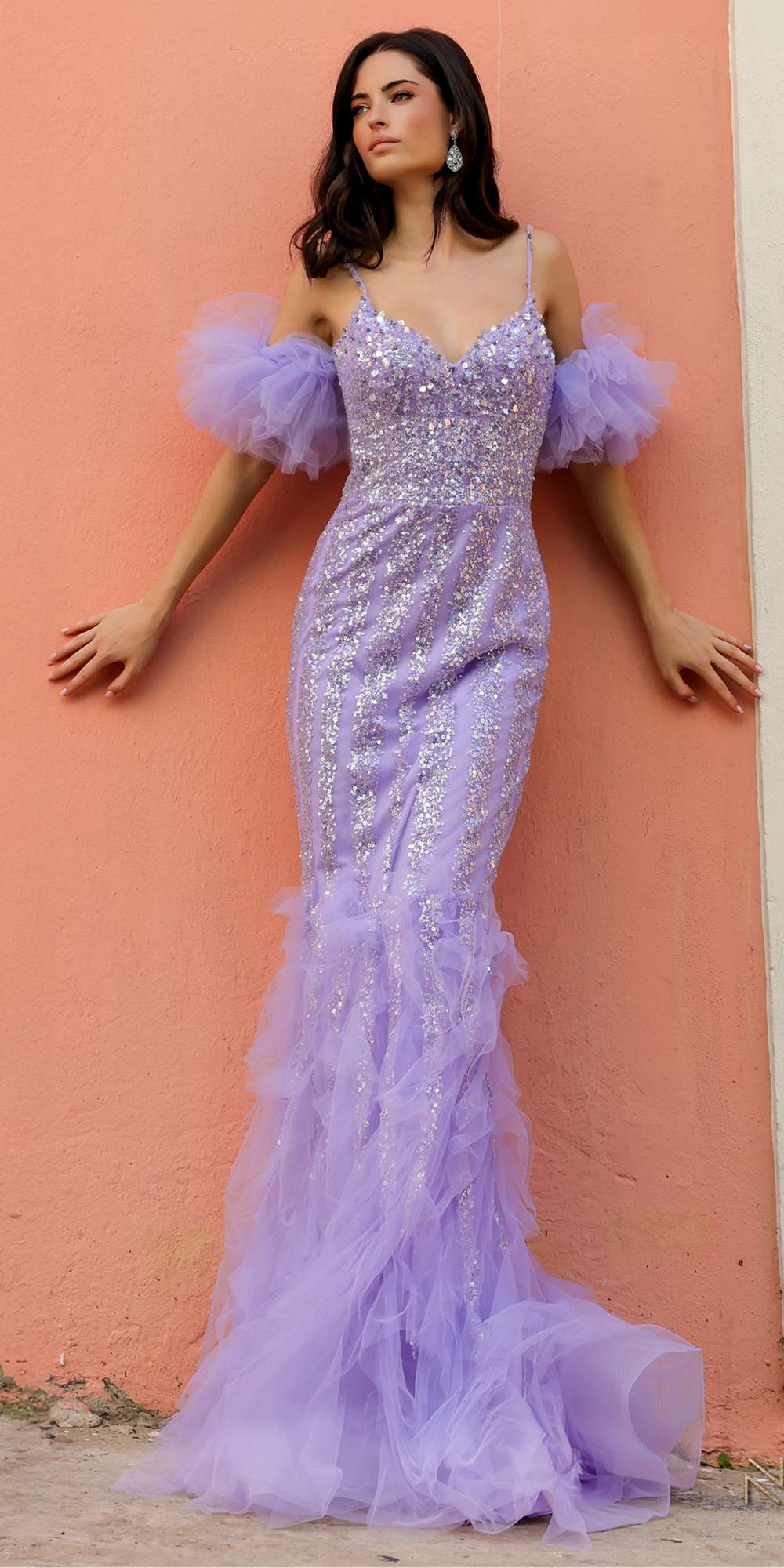 Periwinkle beaded mermaid gown with sweetheart neckline and detachable puff sleeves