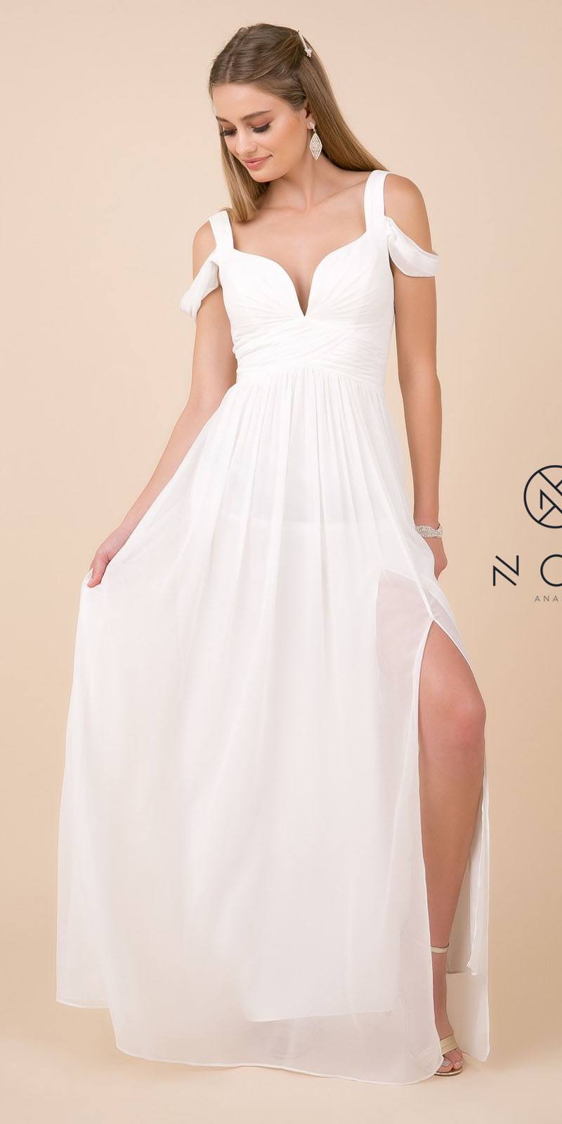 White chiffon cold-shoulder A-line long dress, V-neck bodice with gathered waist